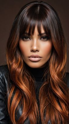 Fall Highlights for Black Hair Copper Highlights Copper Highlights On Black Hair, Copper Aesthetic, Highlights For Black Hair, Highlights On Black Hair, Fall Highlights, Brown Hairstyles