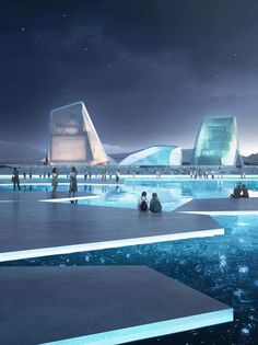 an artistic rendering of people sitting on the edge of a body of water at night