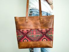 "Personalized Bohemian Tote Bag,  Limited Edition Leather Bag, Kilim texture, Bohemian Laptop bag, Gift Product details: -Metarials:  High quality Top Grain Crazy Horse Leather  Kilim fabric  YKK zipper -Dimensions:   Width top: 15.3 inches (39 cm) Width Bottom: 12.2 inches (31 cm) Height: 11.2 inches (30 cm) Depth: 4 inches (10.5 cm) This handmade women tote bag is produced by crazy horse leather. It has one pocket inside. The bag has a YKK Zipper. Simple, reliable, and durable. 13\" laptops ca Hemp Bag, Boho Tote Bag, Bag Minimalist, Kilim Bag, Kilim Fabric, Crazy Horse, Printed Linen, Personalized Leather, Womens Tote