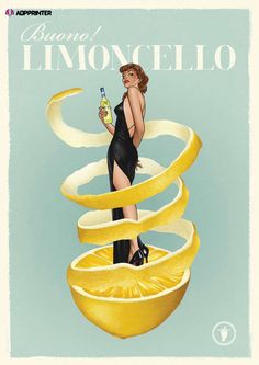 an advertisement for lemoncello with a woman holding a bottle