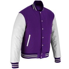 Varsity Letterman Baseball Purple Wool and White Genuine Leather Sleeves Jacket with White Trims If your required Size & Color Combination is not listed then please contact with us We will respond you as soon as possible the estimated time is 12 Hours, All Sizes & Color Combinations are Available. The quality of the varsity jacket is the finest in the field. 100% high quality Wool. A fine quilt lining with Wool trimmed inside pocket are all part of the complete package. Each varsity jacket desig Classic White Varsity Jacket For Winter, Classic White Outerwear With Contrast Trim, Fitted White Outerwear For College, White Winter Outerwear With Contrast Collar, White Fitted Varsity Outerwear, White Fitted Varsity Jacket For College, Classic Outerwear With Padded Collar For College, Leather Sleeve Jacket, School Jacket