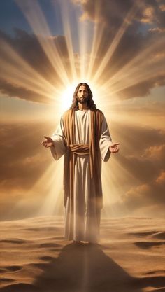 jesus standing in the desert with his arms outstretched and hands out to the sun behind him