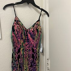 Black Cocktail Dress Never Worn Great Condition. Beautiful Design With Rainbow Colors. Purple Midi Mini Dress For Party Season, Purple Midi Party Dress, Purple Party Season Mini Dress, Black Flapper Dress, Marigold Dress, Textured Bodycon Dress, Shift Dress Pattern, Elegant Cocktail Dress, Knit Shirt Dress