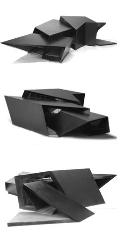 three black and white photographs of an object that looks like a plane or boat with its wings folded over it