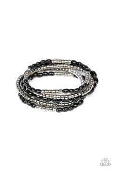 An assortment of black and silver beads are threaded along stretchy bands around the wrist, creating colorful layers. Sold as one set of five bracelets. Silver Bead Bracelet, Bracelet Online, Black Bracelets, Paparazzi Accessories, Stretchy Bracelets, Paparazzi Jewelry, Bracelet Collection, Black And Silver, One Set