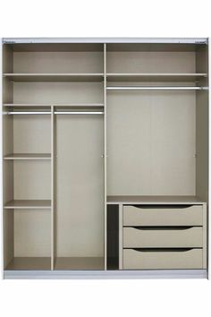 an empty closet with two drawers and shelves