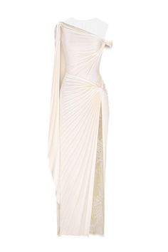 Women's Parahélios Sarong Illusion Neck Polyester Floor Length Dress XS/S/M/L/XL Ivory MEAN BLVD Elegant Maxi Evening Dress With Folds, Elegant Maxi Length Evening Dress With Folds, Fitted Pleated Pre-draped Evening Dress, White Ruched Dress For Gala, Pre-draped Pleated Silk Dress, Formal Pleated Dress With Asymmetrical Neckline, Fitted Pleated Maxi Evening Dress, Fitted Silk Dress With Folds, Fitted Pleated Maxi Length Evening Dress