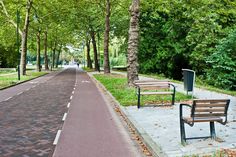 two park benches sitting next to each other on a sidewalk in the middle of a park