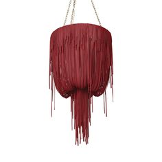 a red chandelier with chains hanging from it's sides on a white background