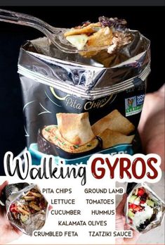 a person holding up a bag of food in their hand with the words walking gyros on it