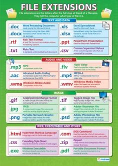 a poster with the words file extensions and other text in different languages on green background