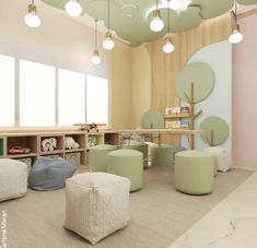 a room with several chairs, tables and shelves filled with bookshelves in it