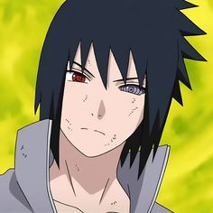 an anime character with black hair and red eyes looking at the camera while wearing a hoodie