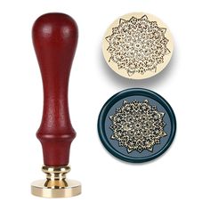 a wooden stamper and plate next to each other on a white background with an ornate design