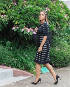 Maternity sweater dress, black and white striped pregnancy dress by MARION, knee length with 3/4 sleeves. Pregnancy and after style. Elegant Knit Stretch Bodycon Dress, Elegant Stretch Knit Bodycon Dress, Knit Bodycon Dress For Date Night, Chic Stretch Knit Dress, Elegant Ribbed Knit Dress, Elegant Knit Bodycon Sweater Dress, Elegant Ribbed Dress For Day Out, Elegant Knit Midi Dress For Day Out, Chic Fitted Knit Midi Dress