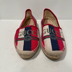 Red/Blue/Cream Gucci Espadrilles Limited Edition Gucci Summer Closed Toe Espadrilles, Spring Luxury Gucci Espadrilles, Gucci Elegant Luxury Espadrilles, Luxury Gucci Open Toe Espadrilles, Gucci Closed-toe Espadrilles For Summer, Gucci Espadrilles, Shoes Gucci, Gucci Shoes, Espadrille Shoes