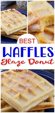 3 crispy delicious glaze donut waffles stacked on each other sitting on blue plate. Donut Waffle, Donut Waffles, Waffle Recipe Easy, Easy Waffles, Mini Waffle Recipe, Glaze Donut, Homemade Glaze, Fridge Food, Easy Waffle Recipe