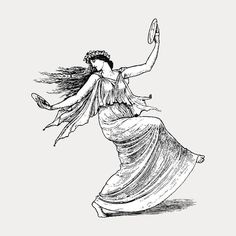 a black and white drawing of a woman in a flowing dress with her arms outstretched