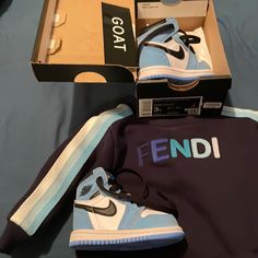 Fendi Sweatshirt With Jordan 1 Retro‘s. Rare Find Perfect Match Should Fit Up To 1yr Old Jordan 1s, Jordan 1 Retro, Jordan 1, Matching Sets, Perfect Match, Fendi, Jordan, Kids Shop, Color Blue