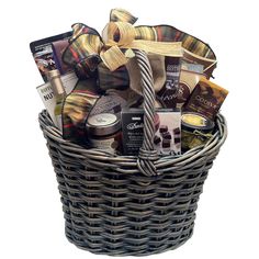 a wicker basket filled with various items