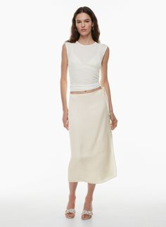 ELIXIR SATIN SKIRT | Aritzia Sweat Vest, Glossier Look, White Midi Skirt, Midi Pencil Skirt, Aritzia Babaton, Satin Midi Skirt, White Midi, Dream Style, Slip Skirt