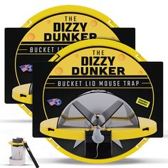 the dizzy dunker bucket lid mouse trap is shown in three different sizes and colors