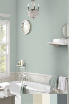 bathroom paint,interior wall paint colors,bathroom colors,painting bathroom walls Sw Topsail Bathroom, Sw Serenely Paint Color, Blue Green Bedroom Walls, Sw Sea Salt Bathroom, Bathroom Colour Palettes, Sw Tidewater, Seafoam Bathroom, Spa Bathroom Colors, 1940s Bathroom