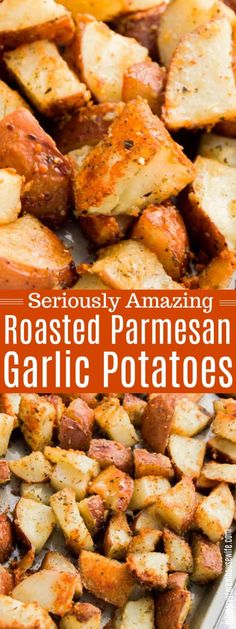 roasted parmesan garlic potatoes with text overlay