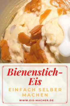 a close up of food in a bowl with the words benenstich - eis