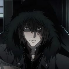 an anime character with long black hair wearing a hoodie and looking at the camera