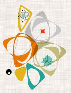 an abstract painting with circles, stars and shapes on it's surface in shades of orange, green, blue, yellow and white