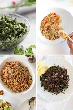 four different pictures of food including rice, spinach and other foods with spoons