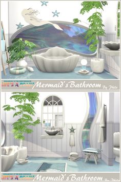 two different views of a bathroom with plants in it