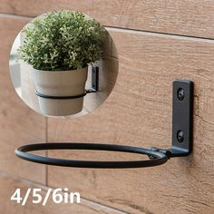 a potted plant hanging on the side of a wooden door with a metal hook