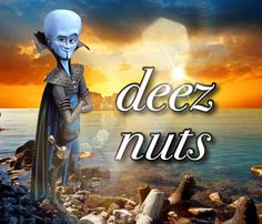 a cartoon character standing on rocks with the words deez nuts