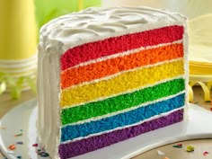 the rainbow layer cake is ready to be eaten