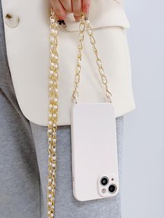 White  Collar  TPU Plain Phone Cases Embellished   Cell Phones & Accessories Phone Case With Chain, Accessory Inspo, Chain Lanyard, Bohemian Bags, Apple Phone, White Collar