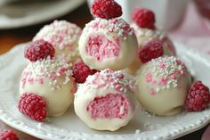 raspberry and white chocolate truffles on a plate