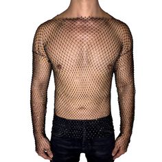 AB Rhinestone Black Mesh Long Sleeves Top [Crew Neck] – Haus of Circuit Mesh Clothing, Mesh Long Sleeve Top, Mesh T Shirt, Mesh Shirt, Sheer Shirt, Sleeves Top, Men Fashion Casual Outfits, Mesh Long Sleeve, White Mesh