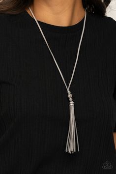 Hold My Tassel - Silver A trio of ornate silver beads give way to a gray suede tassel knotted at the bottom of a lengthened strand of gray suede for an earthy flair. Features a knotted closure. Sold as one individual necklace. Includes one pair of matching earrings. Pink Jewels, Suede Tassel, Paparazzi Accessories, Paparazzi Jewelry, Green Necklace, Gray Suede, Silver Accents, Golden Yellow, Necklace Earring Set