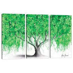 three green trees with white leaves on the branches and one tree in the middle, all painted