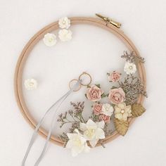 an embroidery hoop with flowers and scissors on it