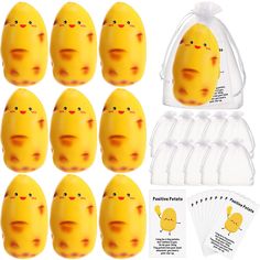 twelve yellow rubber ducky eggs in plastic bags with matching tags and stickers on them