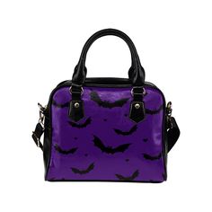 "This super cute black and purple bat print shoulder bag is unique to us and perfect for using as an everyday bag or going out bag.  * Made from high-grade PU leather. * Lined interior features back wall zippered, large capacity. * Double PU leather handles, removable and adjustable fabric shoulder strap. * Single zippered top closure. Dimensions:9.45\"(L) x 3.54\"(W) x 8.27\"(H) These bags are made for me by my Chinese manufacturer and they will be ready in approx 2-3 weeks." Black Halloween Shoulder Bag Satchel, Black Satchel Shoulder Bag For Halloween, Black Shoulder Bag Satchel For Halloween, Black Shoulder Satchel For Halloween, Halloween Black Shoulder Satchel, Gothic Leather Bags For Halloween, Black Leather Halloween Bags, Purple School Bag For Halloween, Going Out Bag