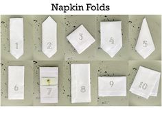 nine napkin folds laid out on top of each other