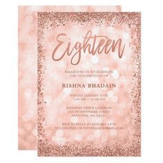 an elegant rose gold glitter birthday party card with the word eighteen on it and sparkles in