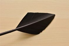 a black feather sitting on top of a wooden table