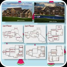 the floor plans for this house are shown in four different styles and colors, including watermelon