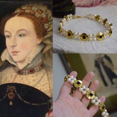 This necklace was inspired by Tudor-era portraiture featuring these distinctive quatrefoil elements (Pictured: Mademoiselle de Chabot by Francois Clouet, 16th Century) It features beautiful Gold-plated Quatrefoils with black crystals and white glass pearls 15" long with a 3" extension chain. Please note that this style is meant to be worn short and close to the base of the neck so that it lays properly. Dames a la Mode is inspired by history!  See all of our historical jewelry here: https://www.etsy.com/shop/damesalamode Francois Clouet, Queen Elizabeth Jewels, Tudor Jewelry, Elizabethan Era, Festoon Necklace, Tudor Era, Castle Aesthetic, Pearl Jewels, Historical Jewellery