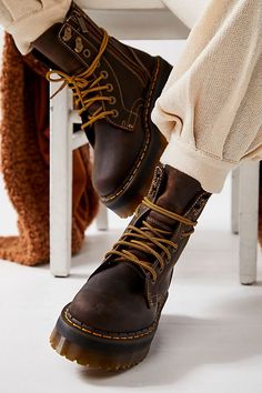 Dr. Martens Jadon Archive Boots Dr Martin Platform Boots, Cool Doc Martens, Platform Brown Boots, Outfits With Leather Boots, Boots With Slacks, Brown Dr Martens Outfit, Brown Combat Boots Outfit, Brown Docs, Vintage Brown Boots